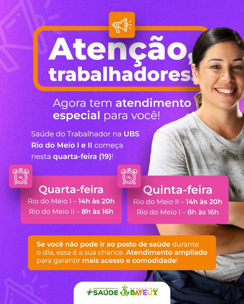 Conforme já divulgado pela Prefeitura de Bayeux, o Atendimento da Saúde do Trabalhador começa nesta quarta-feira (19) nas UBS Rio do Meio I e Rio do Meio II