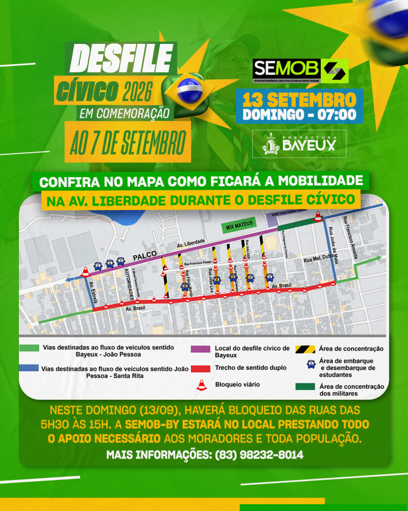 Desfile Cívico altera trânsito em Bayeux neste domingo; confira as vias bloqueadas